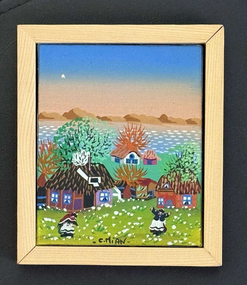 Signed Original Primitive Landscape Painting in Frame-Mountain Village
